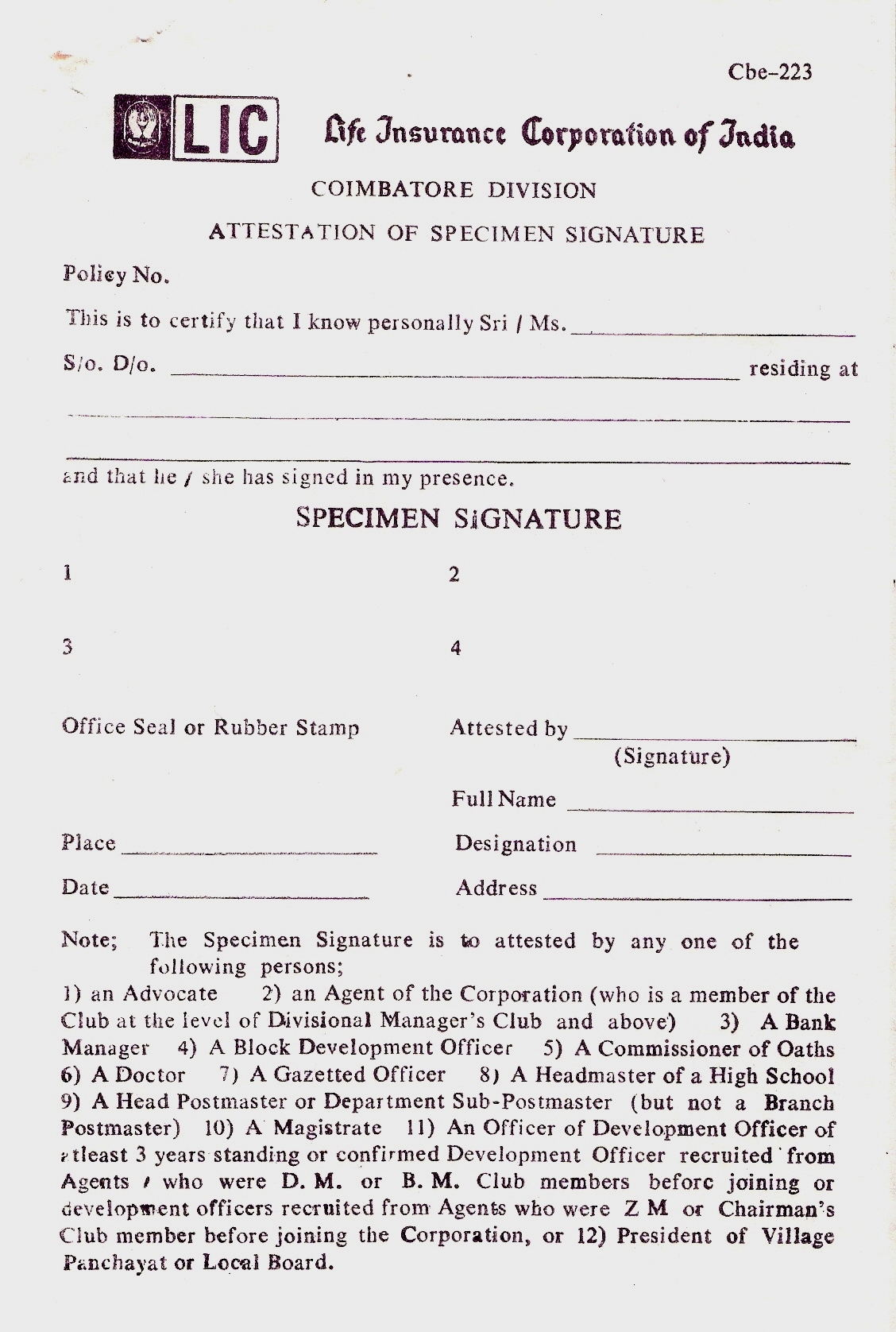 photocopy of id with 3 specimen signature